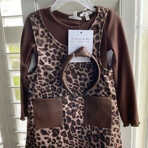Tahari Girl Leopard Print Romper with Long Sleeve Shirt and Matching Headband 3T